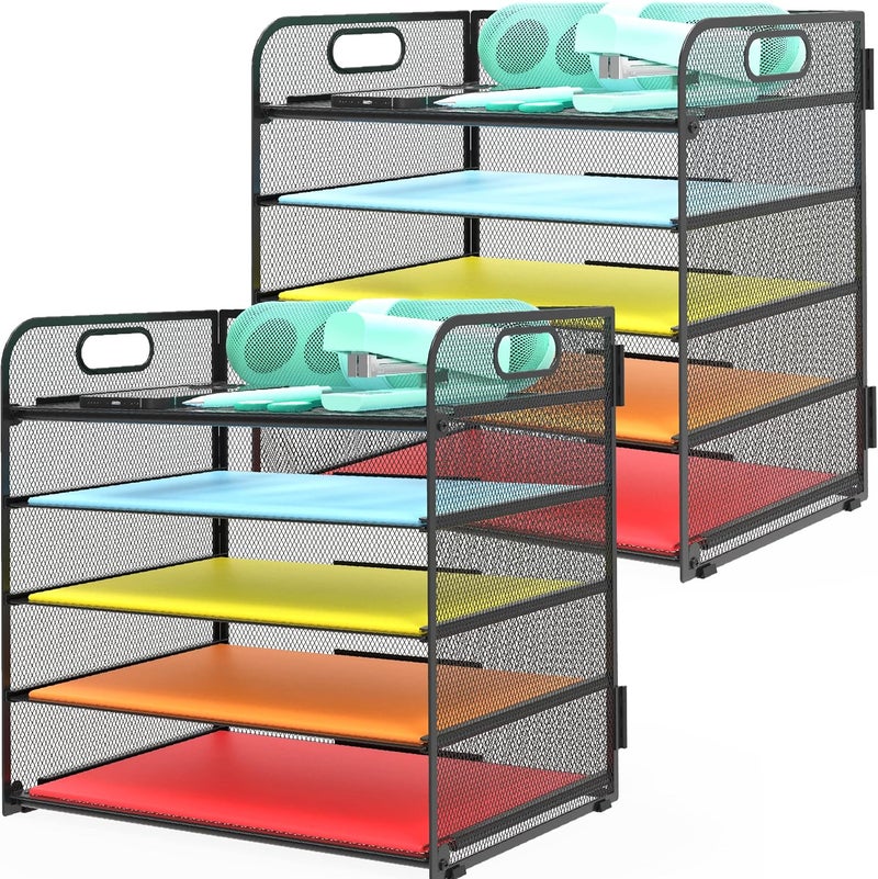Sinboun 2 Pack Letter Tray 5-Tier Desk Organizer File Paper Holder with Handle, Metal Desktop Document Shelf Tray Office Classroom Organization - Black - Image 1